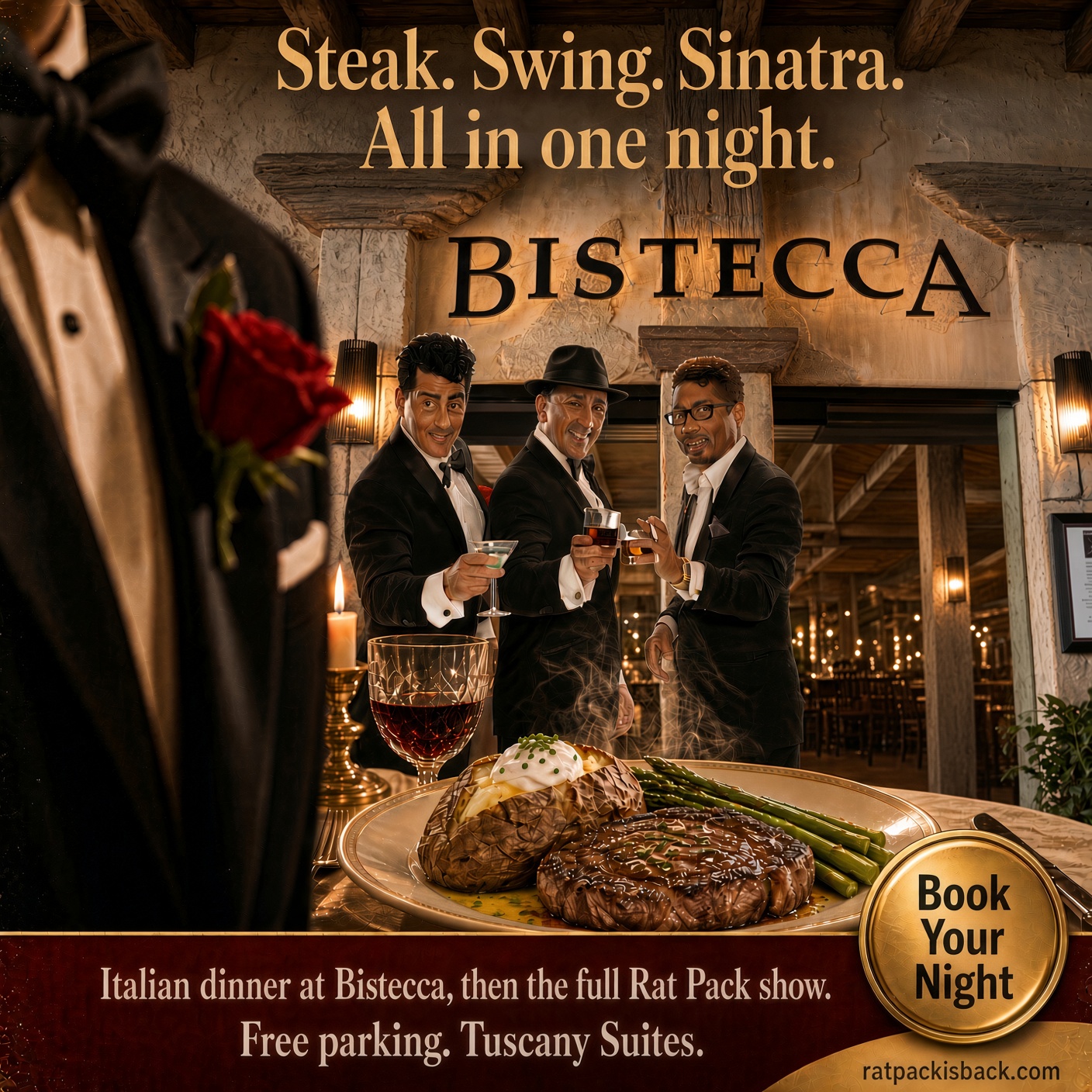 Steak. Swing. Sinatra. A three-course dinner at Bistecca, then the Rat Pack show. An upgrade.