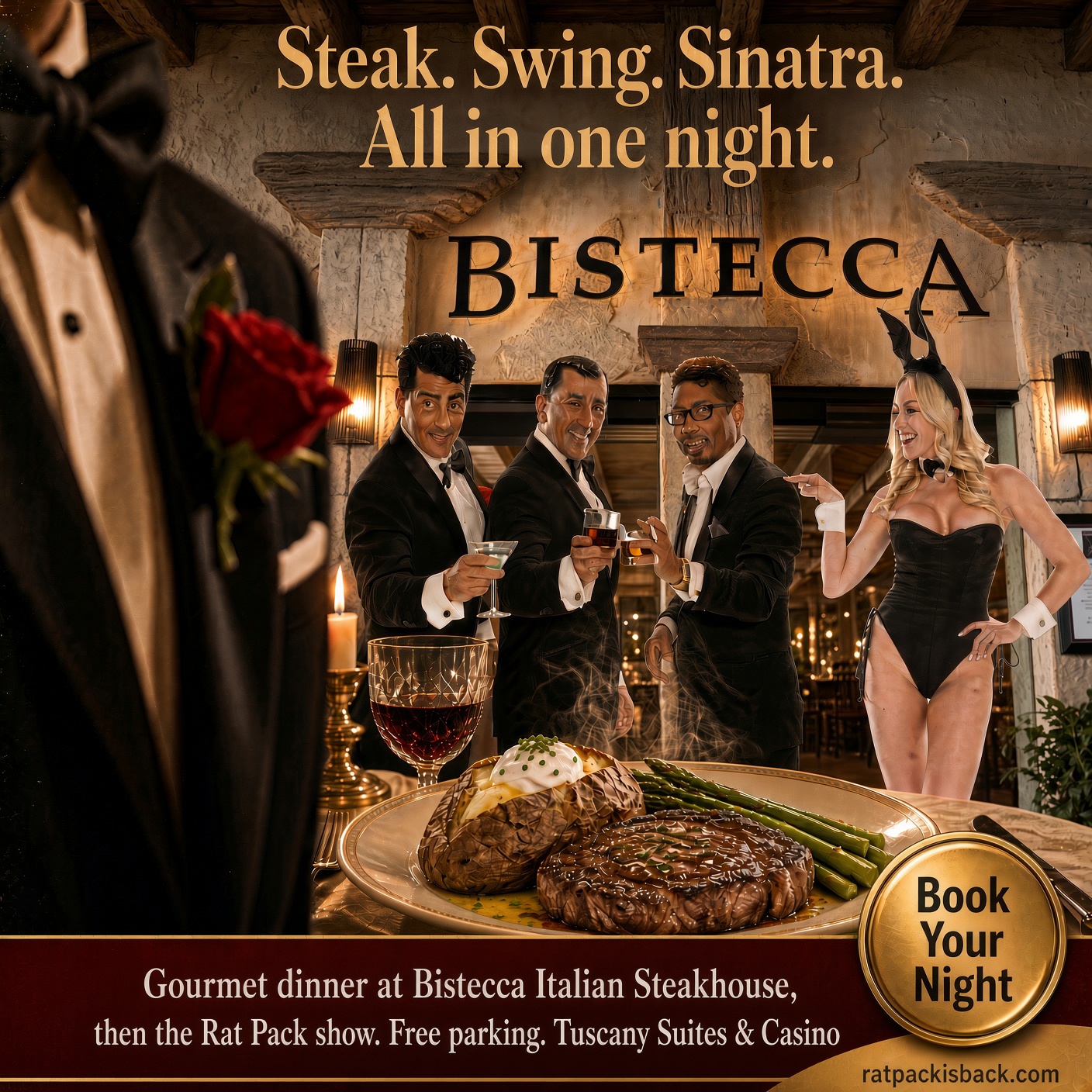 Steak. Swing. Sinatra. A three-course dinner at Bistecca, then the Rat Pack show. An upgrade.
