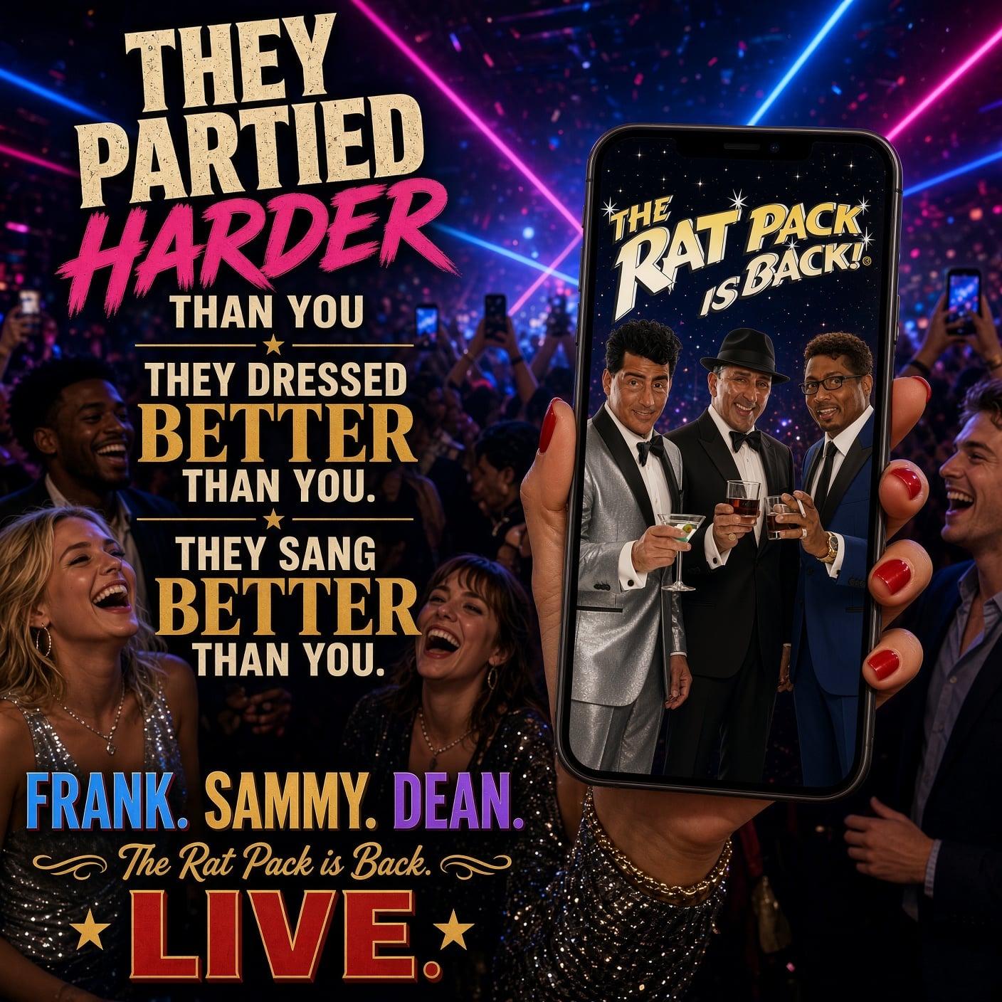 They partied harder. Frank, Sammy, and Dean. The Rat Pack is Back, live.