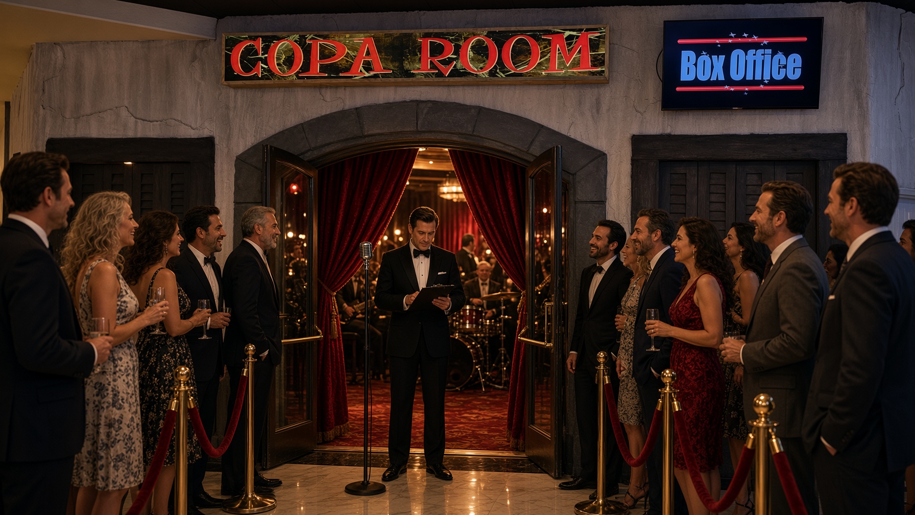 Guests outside the Copa Room entrance, red curtains and box office