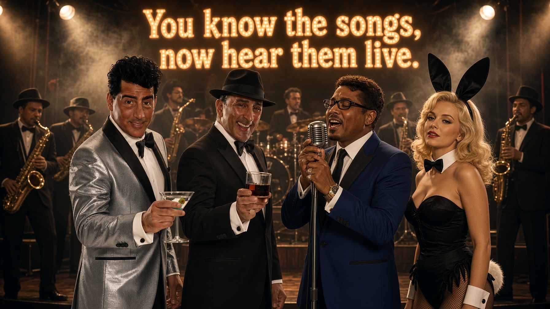 Dean Martin, Frank Sinatra, and Sammy Davis Jr. on stage with a live band